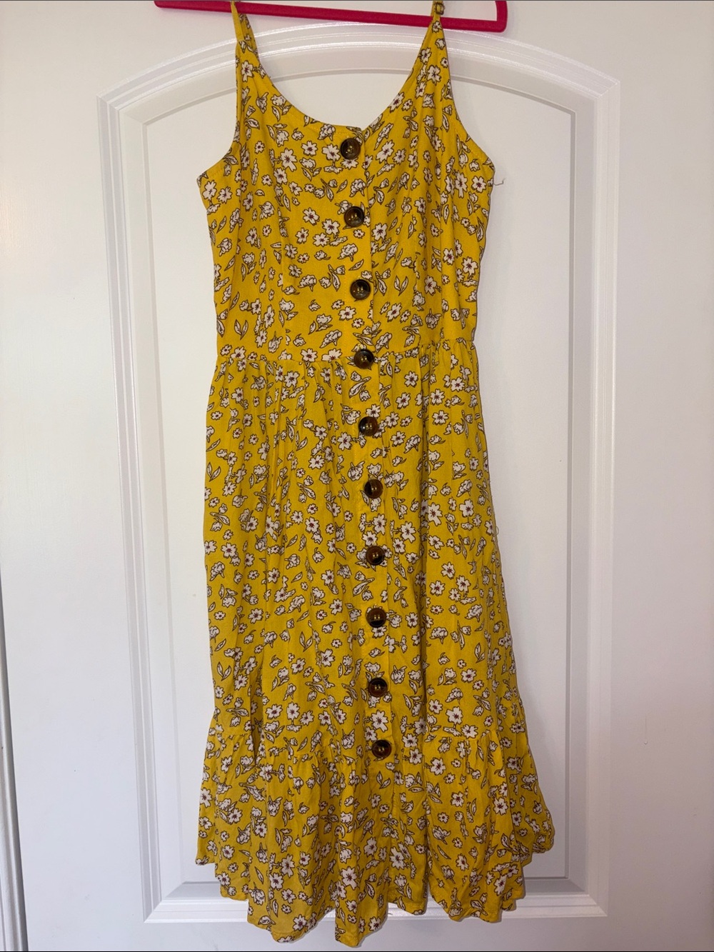 Yellow Floral Button-Front Midi Dress
